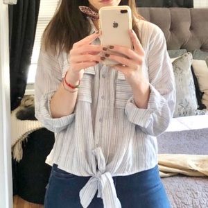 Lumiere Front-Tie Long Sleeve Striped Button Down Shirt